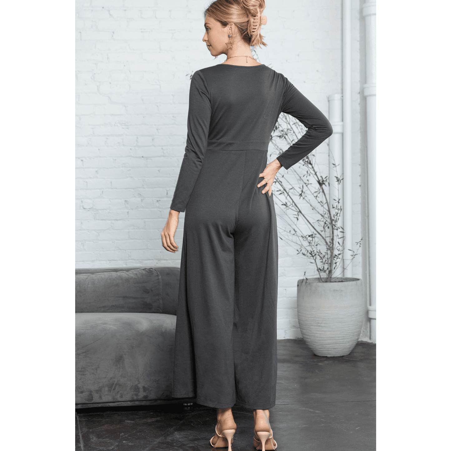 Delcia Grey Button Long Sleeve Wide Leg Jumpsuit