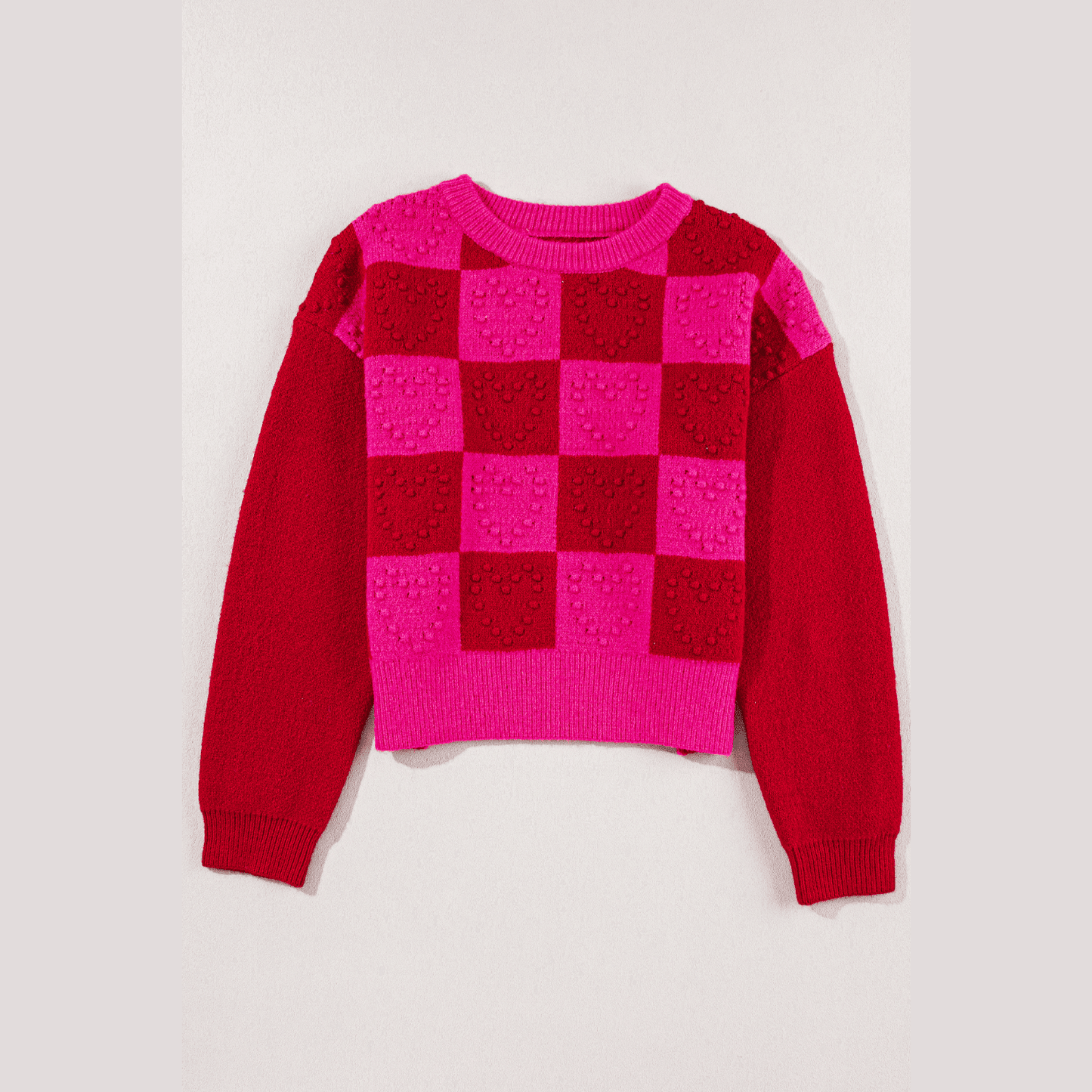 Laur Multicolor Checkered Pattern Heart Detail Textured Sweater