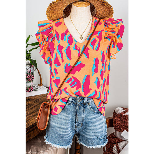 Indie Orange Abstract Print V Neck Ruffled Sleeve Blouse