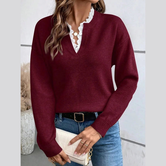 Irene Wine Lace Trim V Neck Sweater