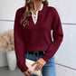 Irene Wine Lace Trim V Neck Sweater