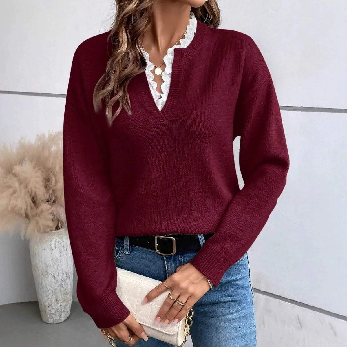 Irene Wine Lace Trim V Neck Sweater