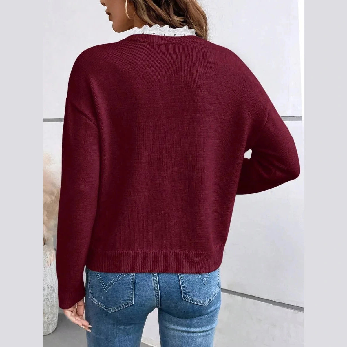 Irene Wine Lace Trim V Neck Sweater