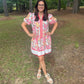 Billie Pink Color Block Floral Print Contrast Trim V Neck Ruffle Hem Mini Dress