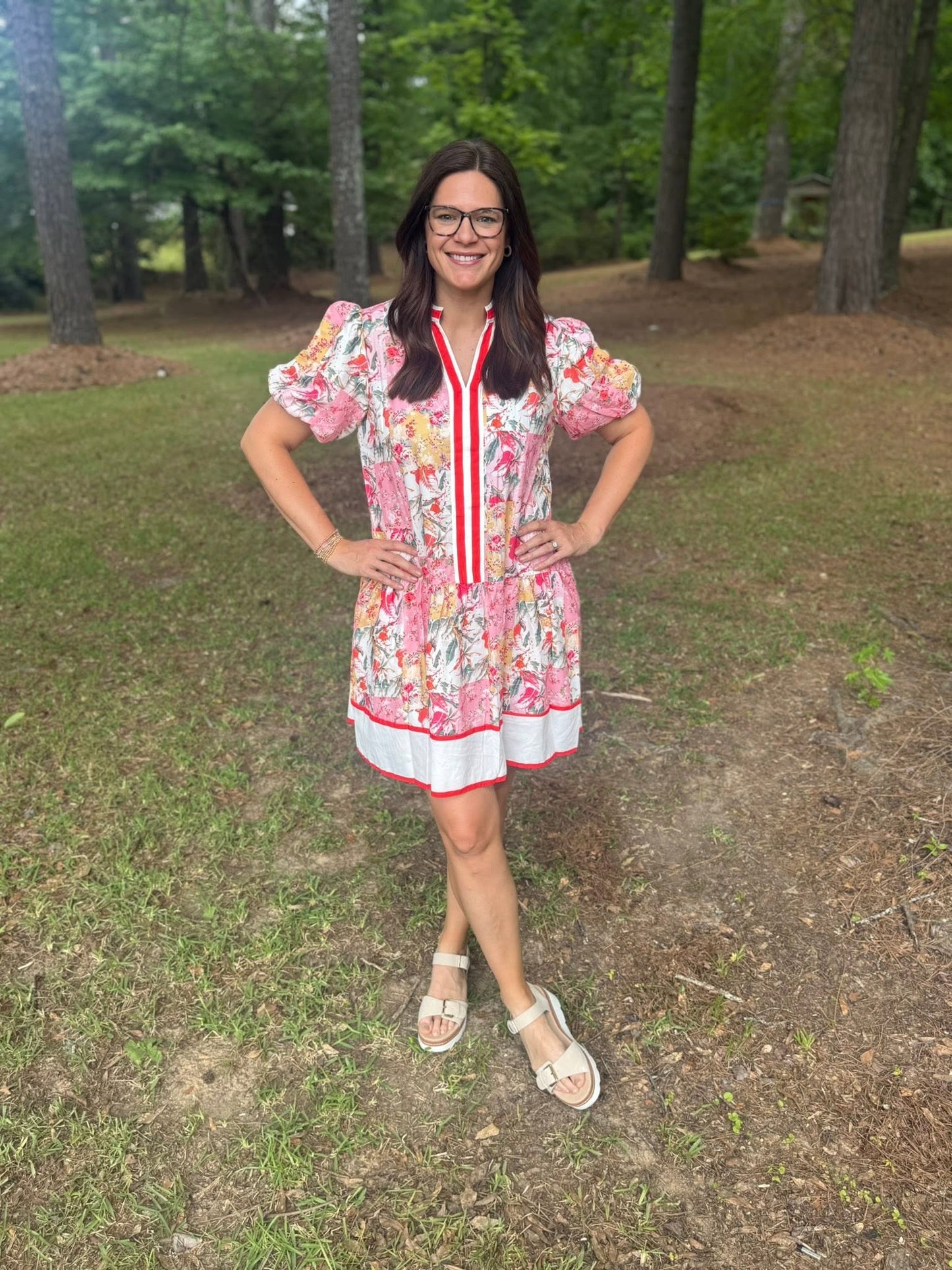 Billie Pink Color Block Floral Print Contrast Trim V Neck Ruffle Hem Mini Dress