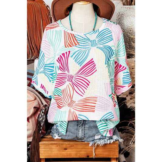 Irma White Multicolour Bowknot Printed Waffle Crewneck Loose Short Sleeve Top
