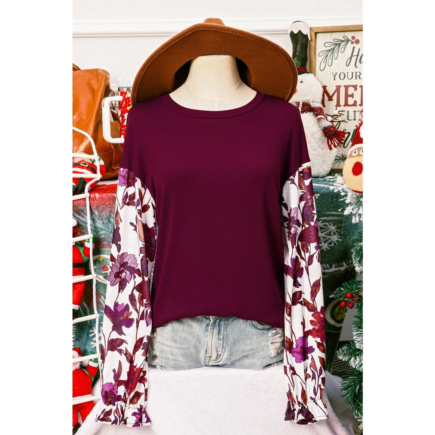 Irvine Floral Sleeve Solid Ribbed Body Patchwork Long Sleeve Top