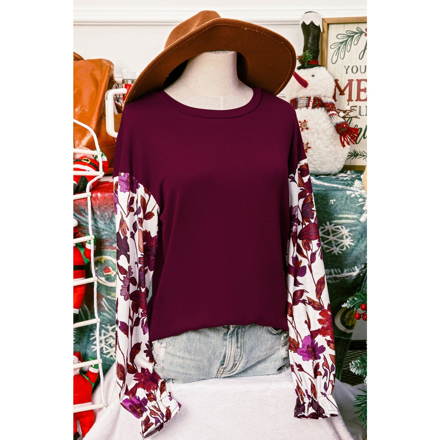 Irvine Floral Sleeve Solid Ribbed Body Patchwork Long Sleeve Top