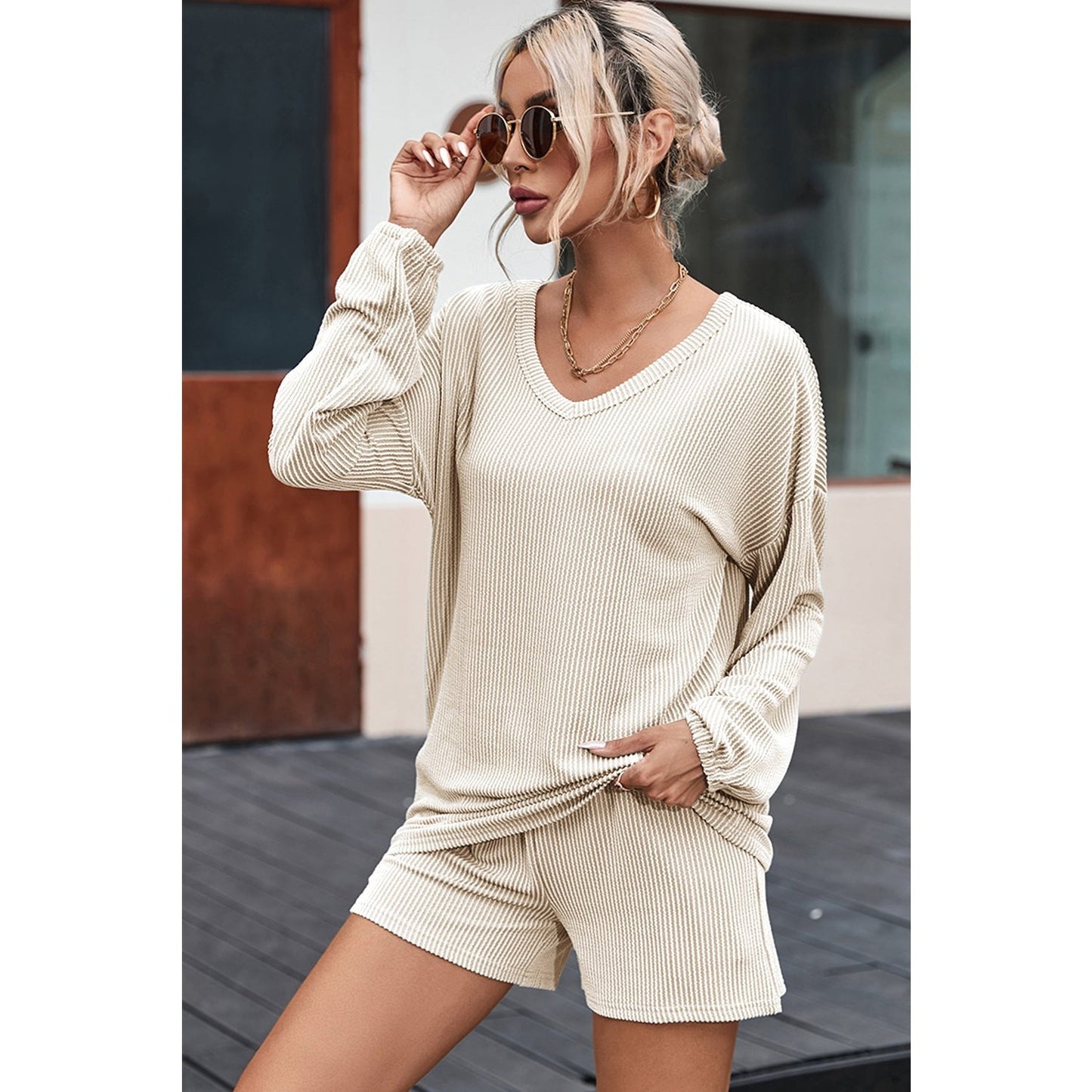 Isadora Beige Corded V Neck Slouchy Top Pocketed Shorts Set