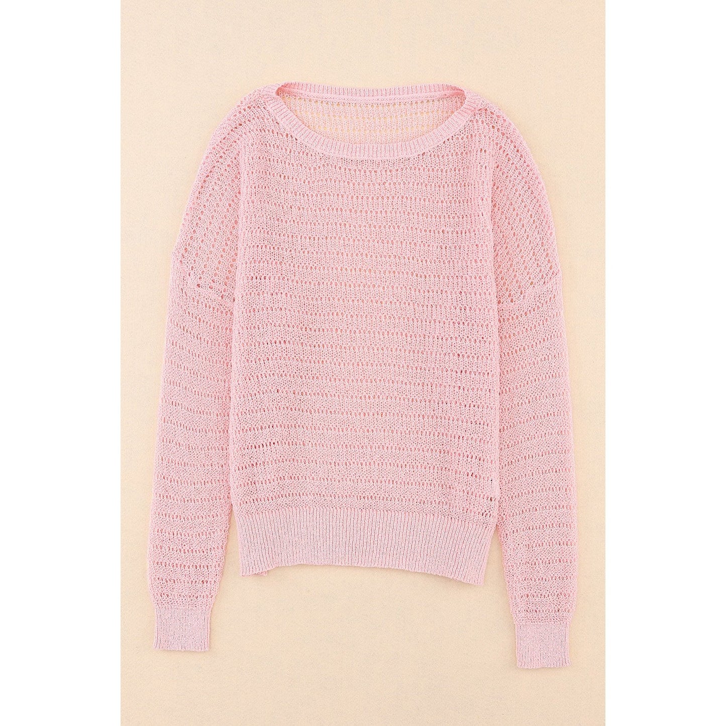 Israella Pink Knitted Eyelets Round Neck Long Sleeve Top