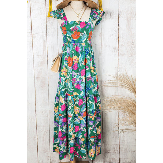 Issy Green Floral Print Sleeveless Ruffle Tiered Maxi Dress