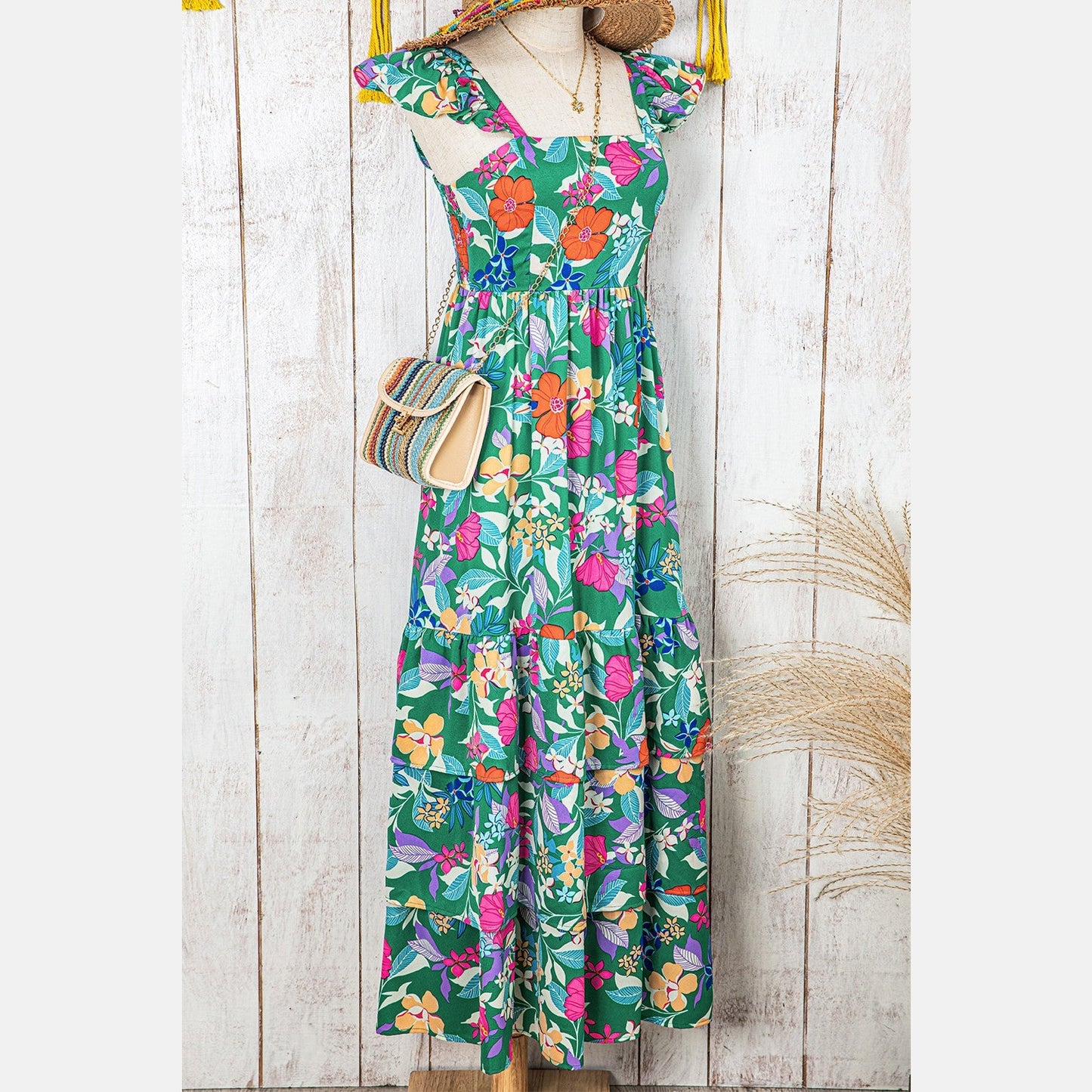 Issy Green Floral Print Sleeveless Ruffle Tiered Maxi Dress