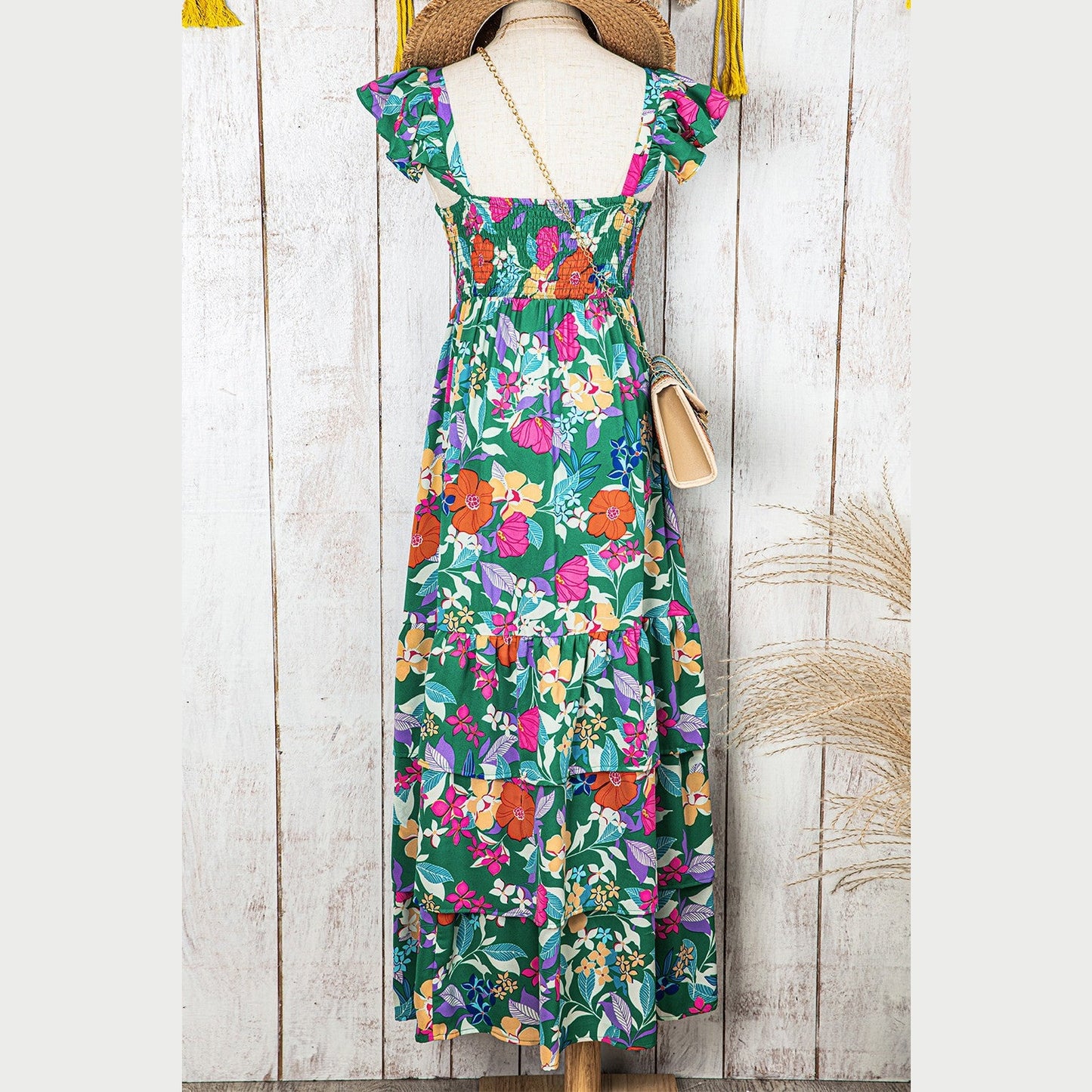 Issy Green Floral Print Sleeveless Ruffle Tiered Maxi Dress