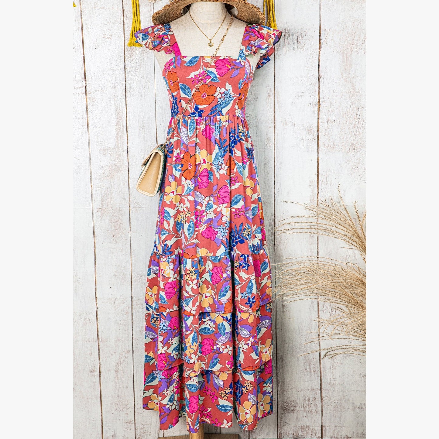 Issy Pink  Floral Print Sleeveless Ruffle Tiered Maxi Dress