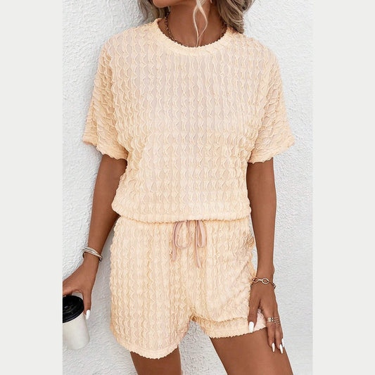 Ivee Apricot Frill Textured Short Sleeve Top and Drawstring Shorts Set