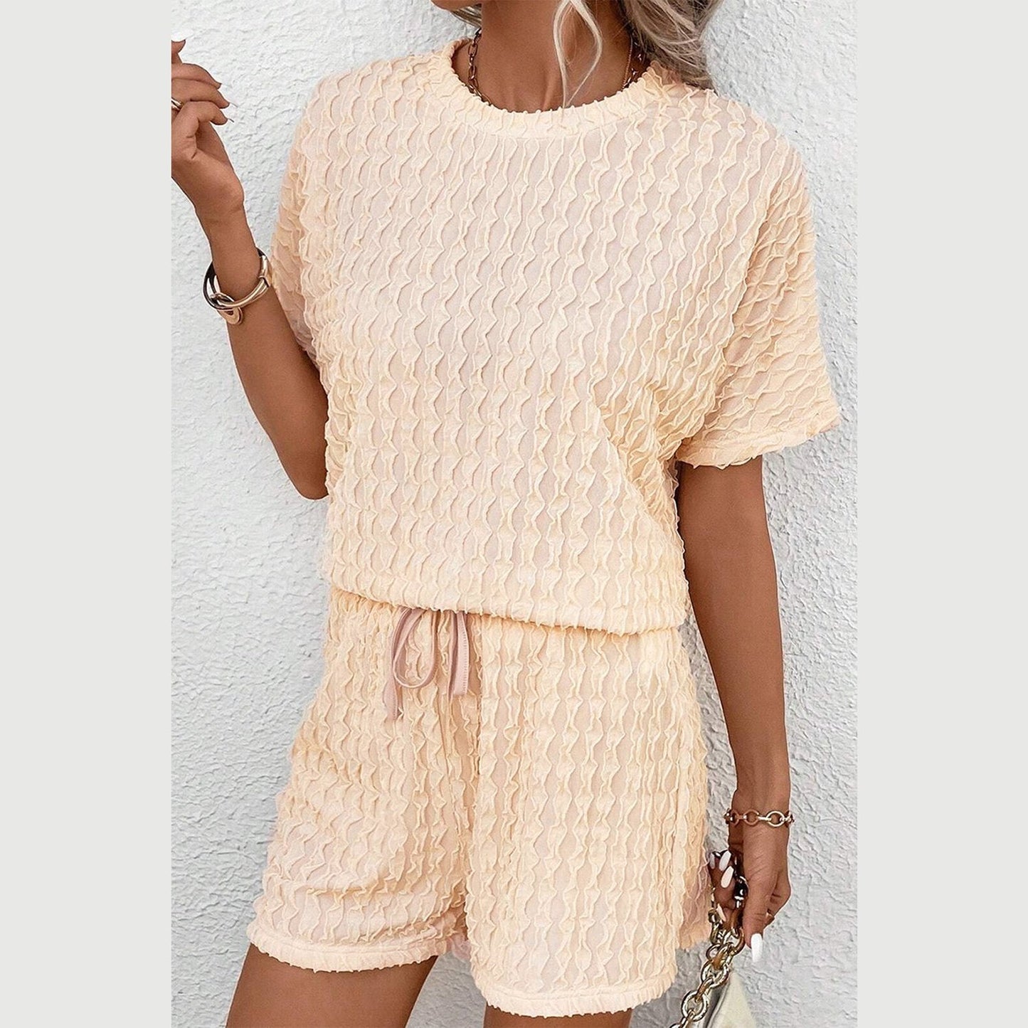 Ivee Apricot Frill Textured Short Sleeve Top and Drawstring Shorts Set