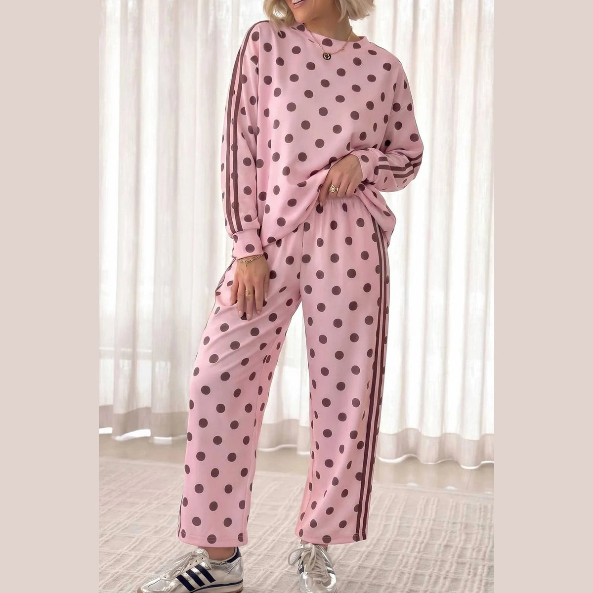 Ivie Pink Polka Dot Print Side Stripe Detail Long Sleeve Top Casual Pant Set