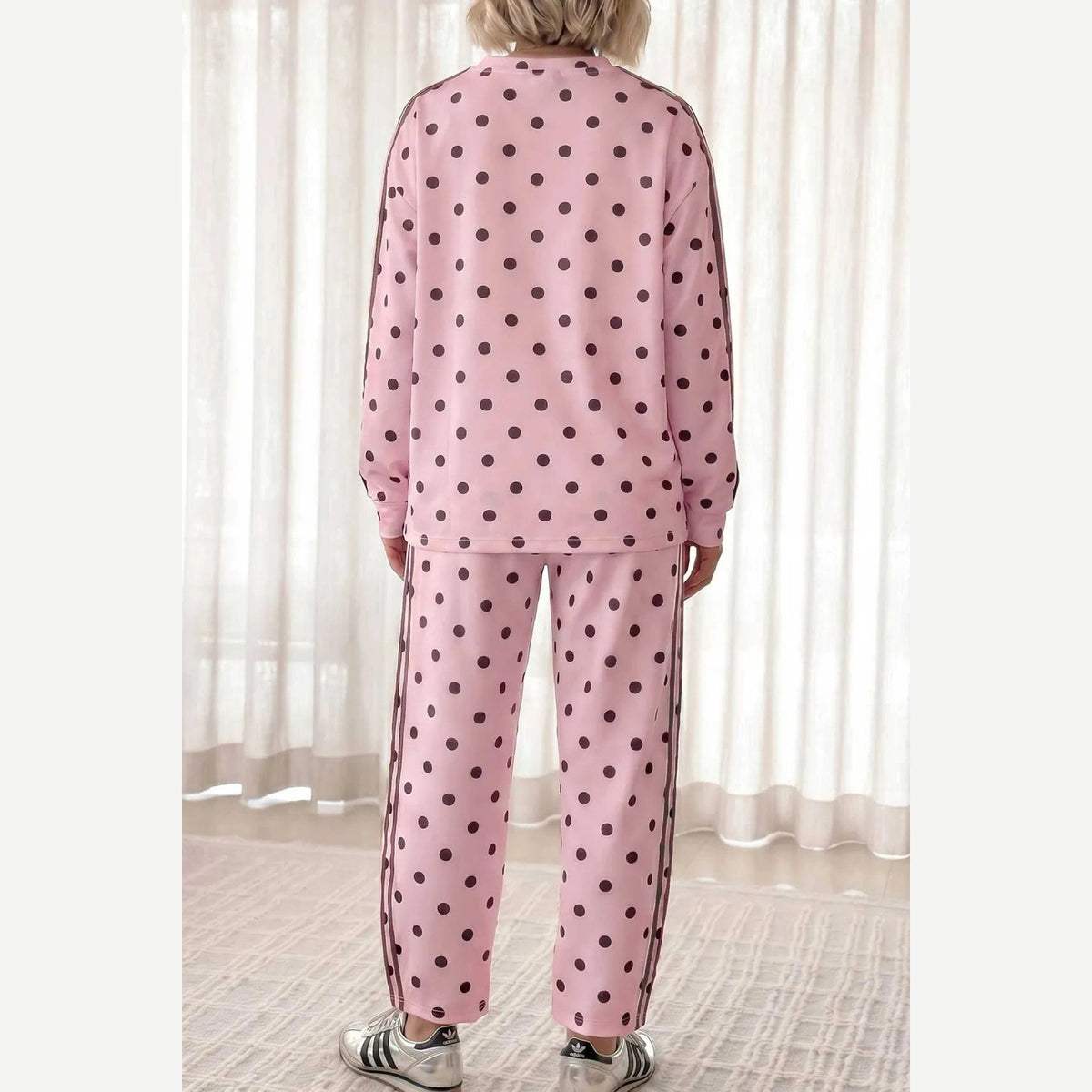 Ivie Pink Polka Dot Print Side Stripe Detail Long Sleeve Top Casual Pant Set