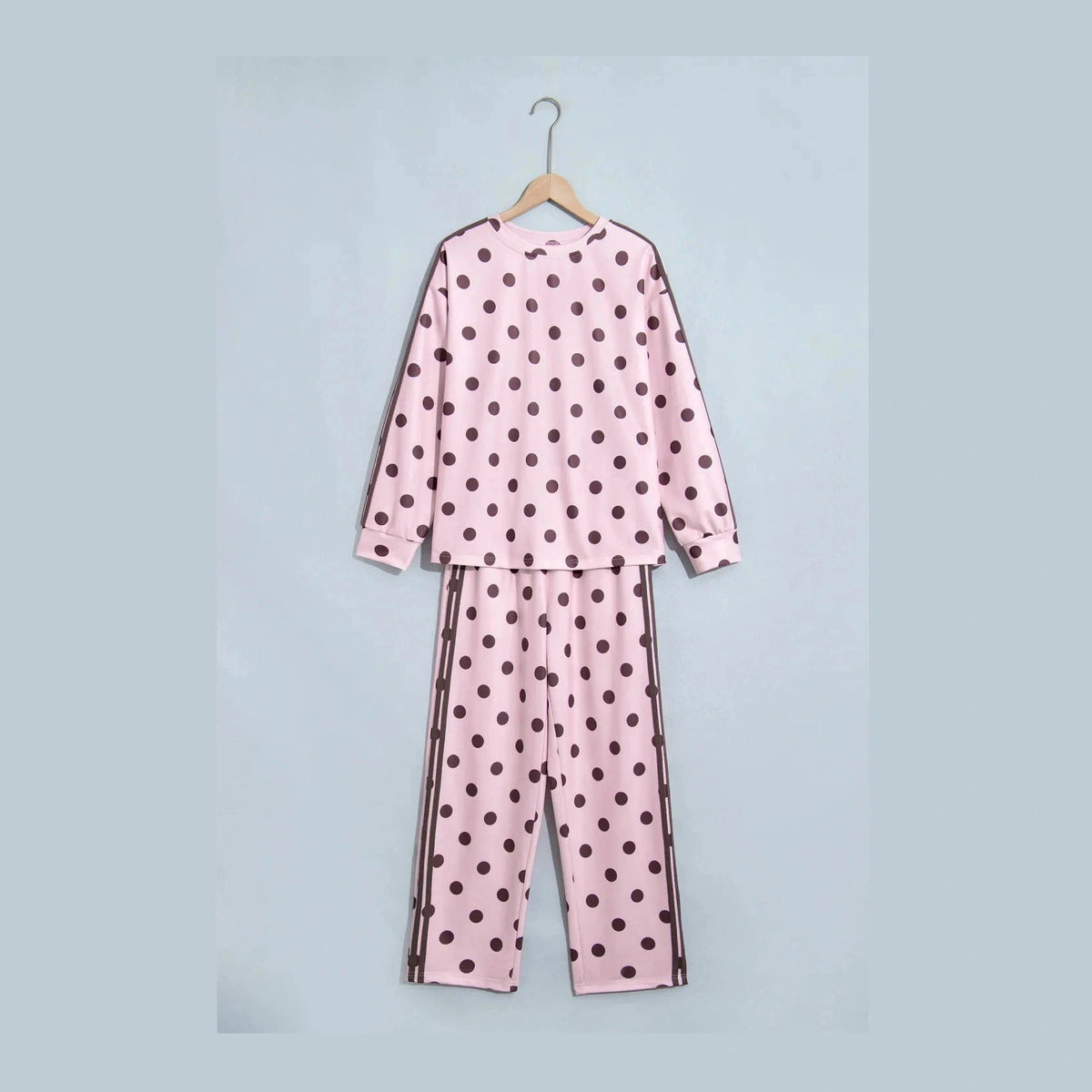 Ivie Pink Polka Dot Print Side Stripe Detail Long Sleeve Top Casual Pant Set