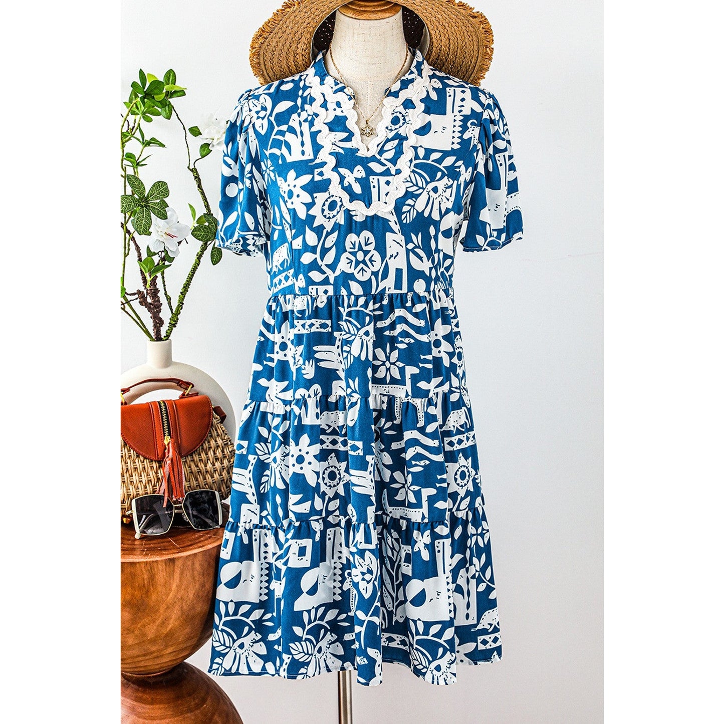 Ivy Blue Ricrac Trim Split Neck Floral Loose Dress