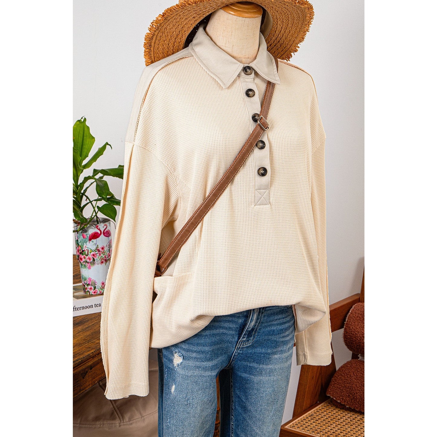 Izzy Cream Waffle Long Sleeve Collar Half Button Loose Top * S-3X