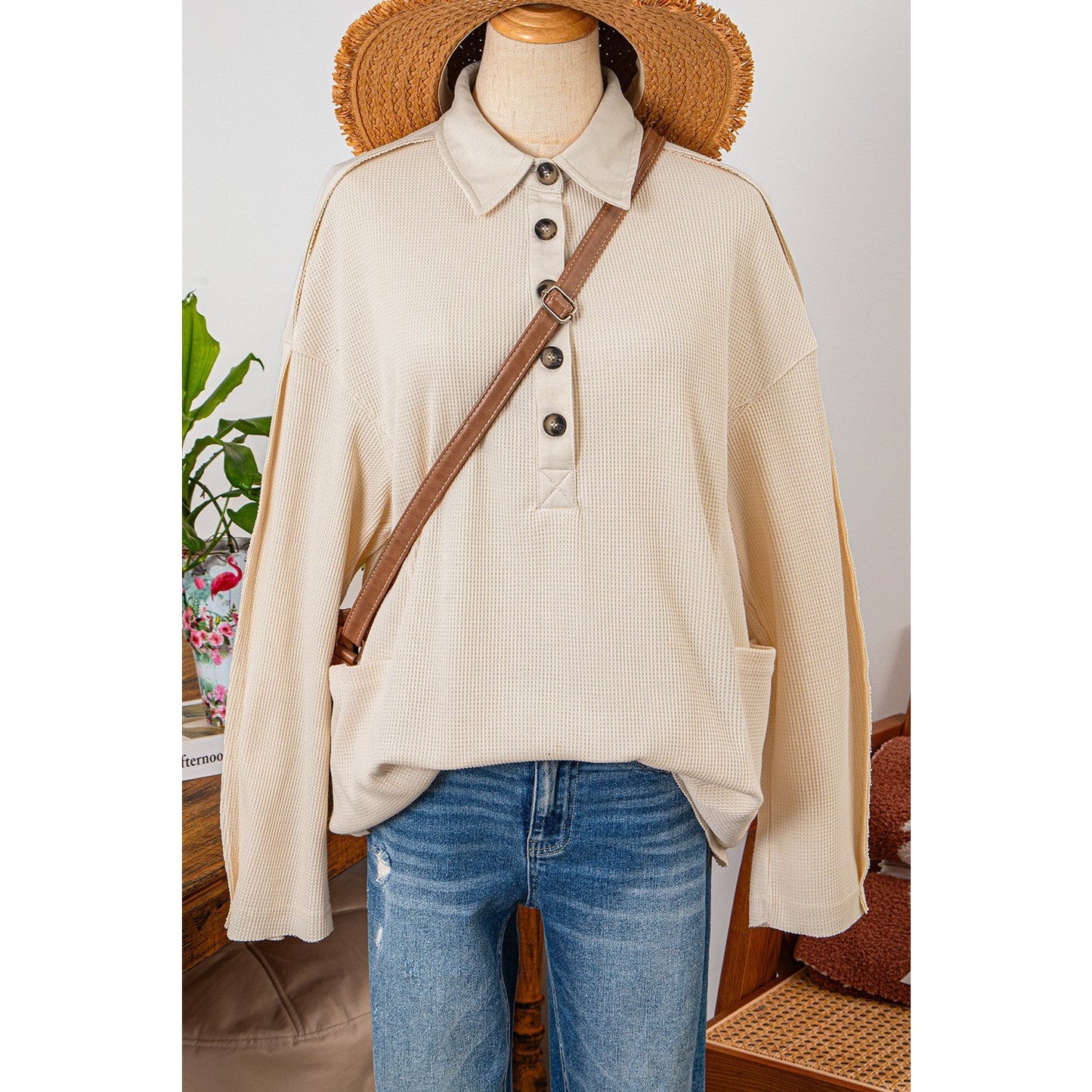 Izzy Cream Waffle Long Sleeve Collar Half Button Loose Top * S-3X