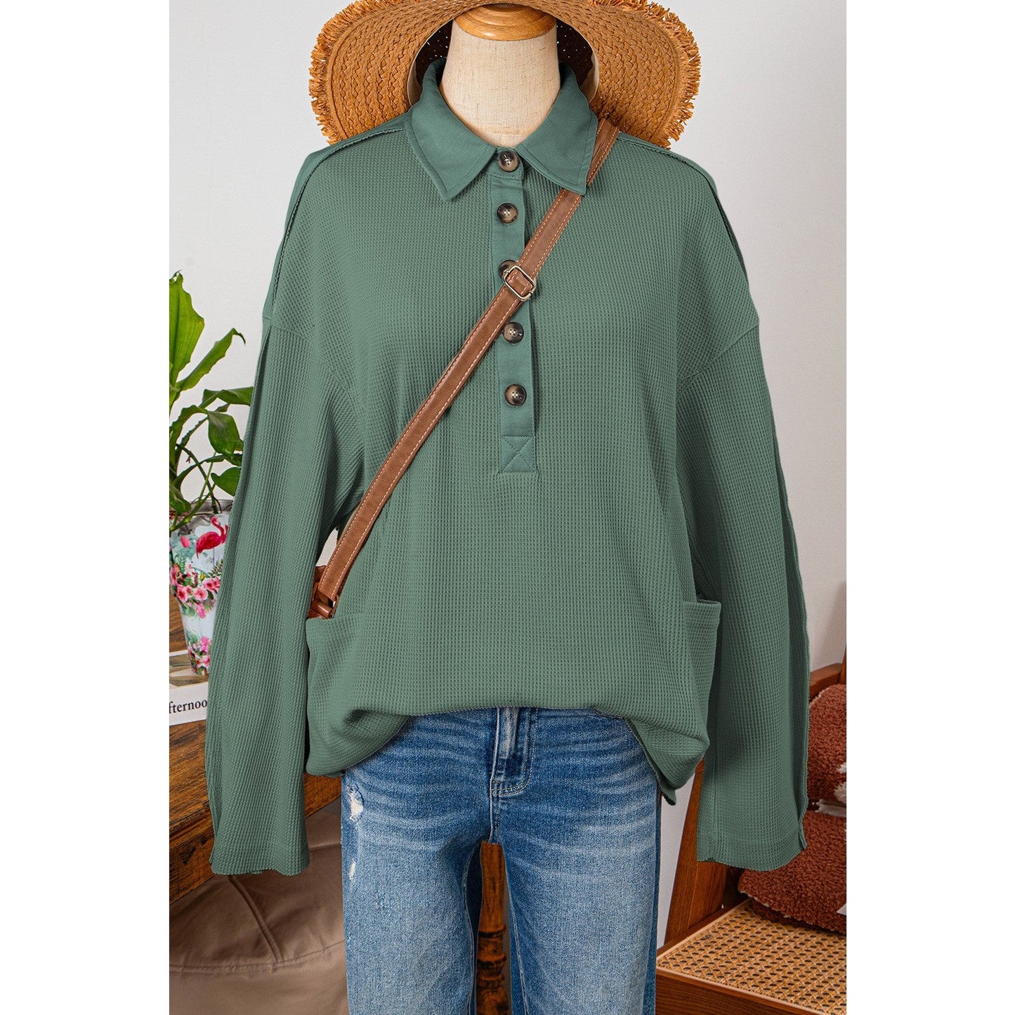 Izzy Green Waffle Long Sleeve Collar Half Button Loose Top