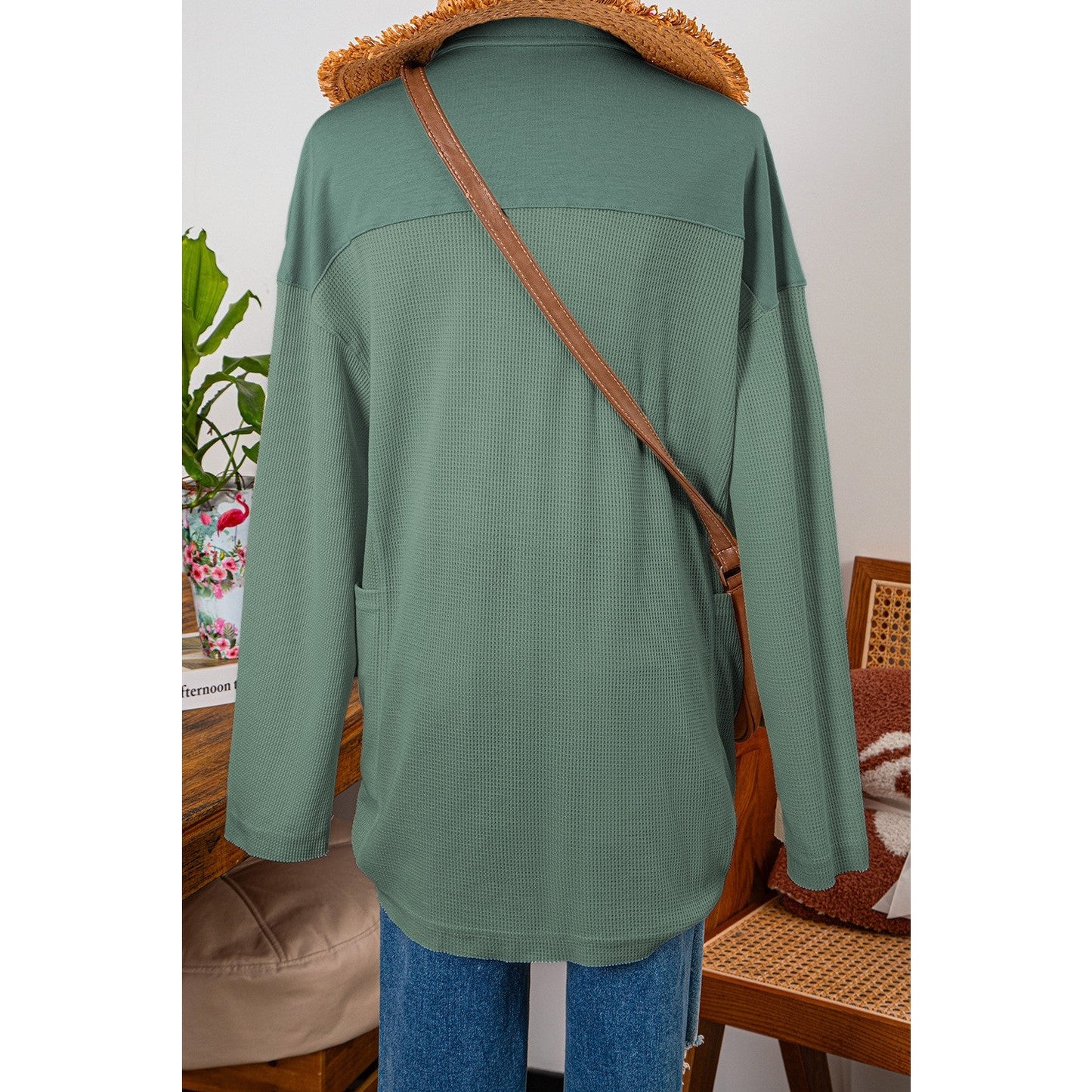 Izzy Green Waffle Long Sleeve Collar Half Button Loose Top