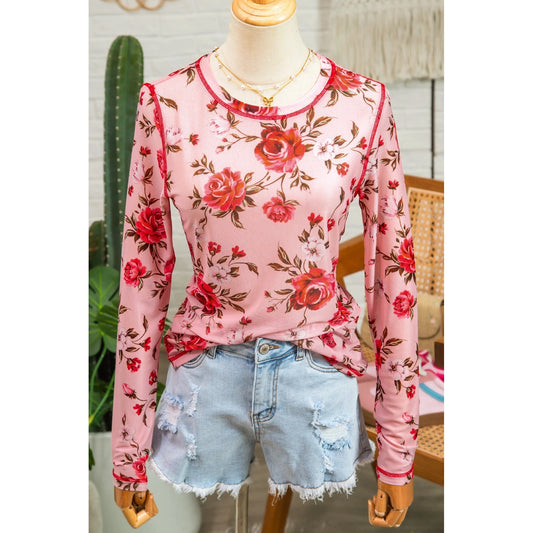 Jaylah Pink Floral Print Exposed Seam Detail Mesh Long Sleeve Top
