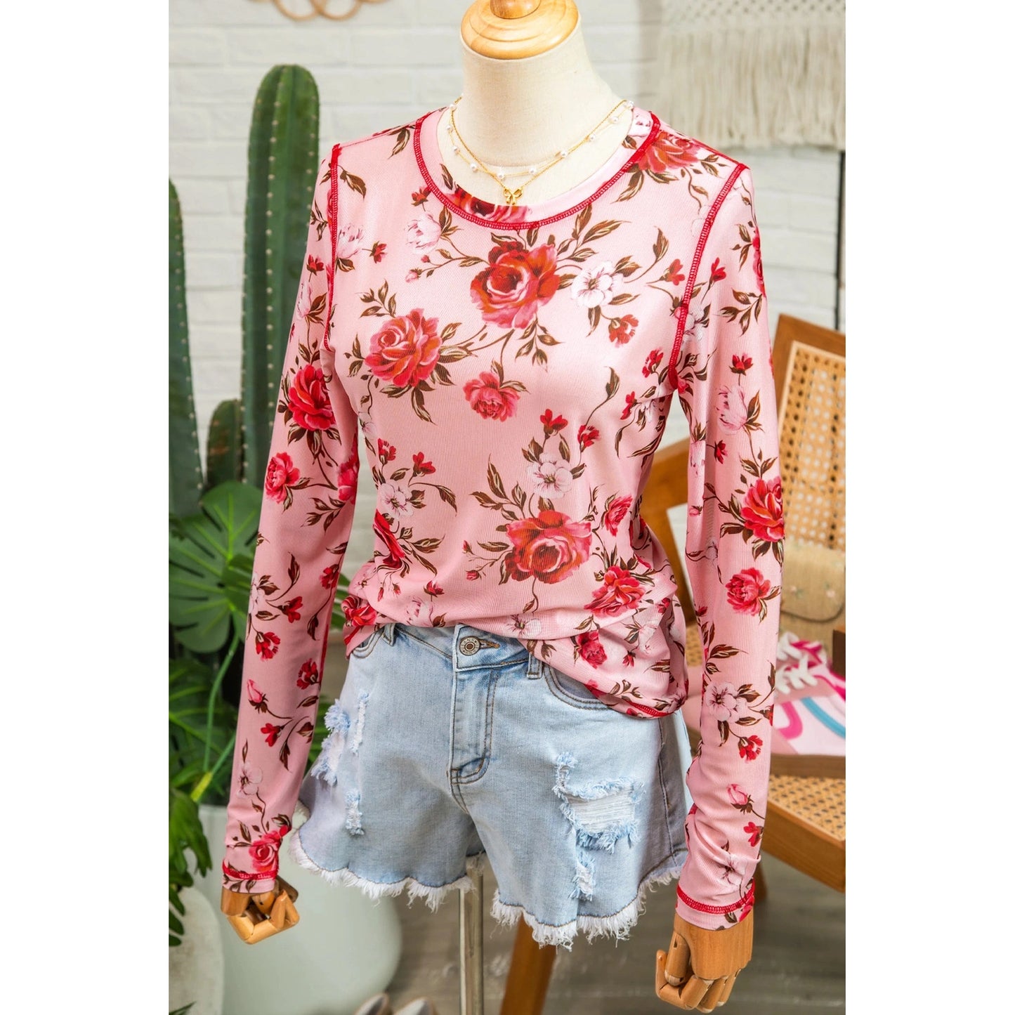 Jaylah Pink Floral Print Exposed Seam Detail Mesh Long Sleeve Top