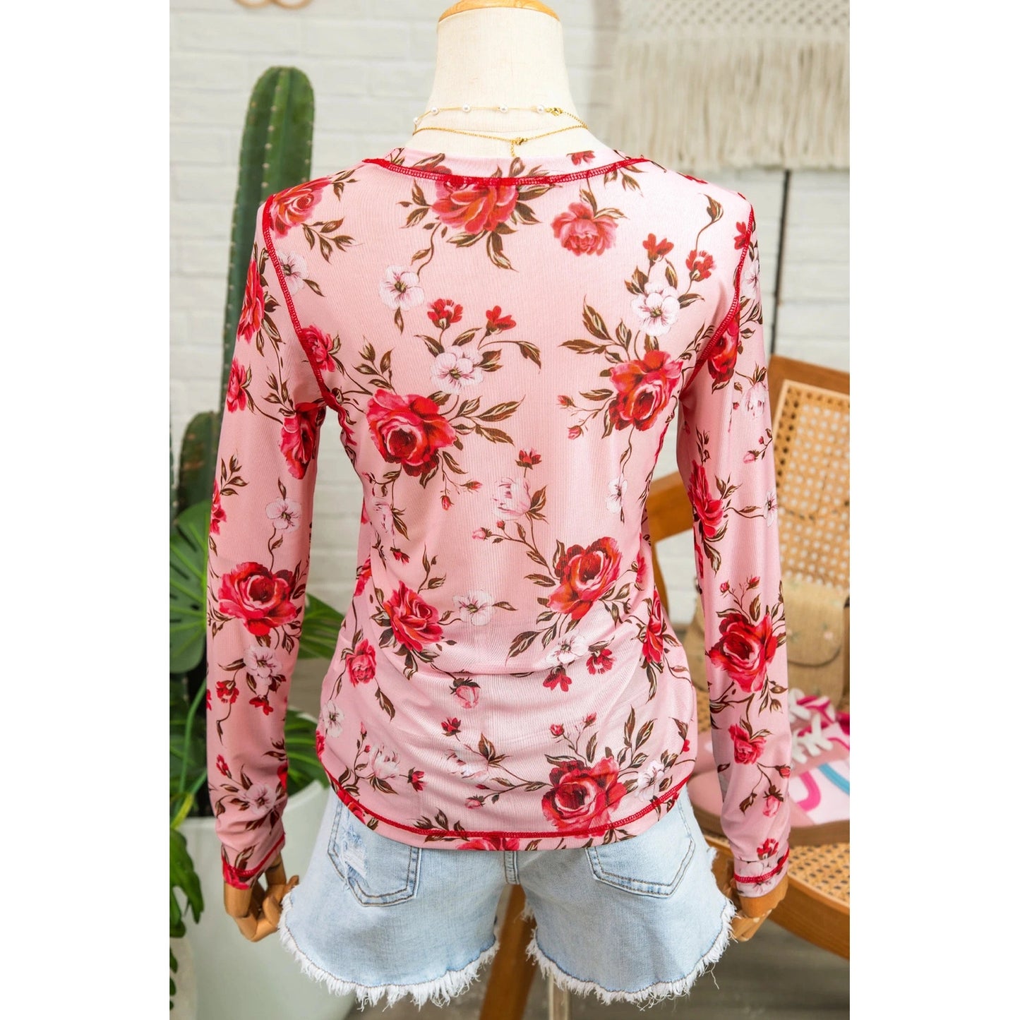 Jaylah Pink Floral Print Exposed Seam Detail Mesh Long Sleeve Top