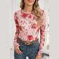 Jaylah Pink Floral Print Exposed Seam Detail Mesh Long Sleeve Top