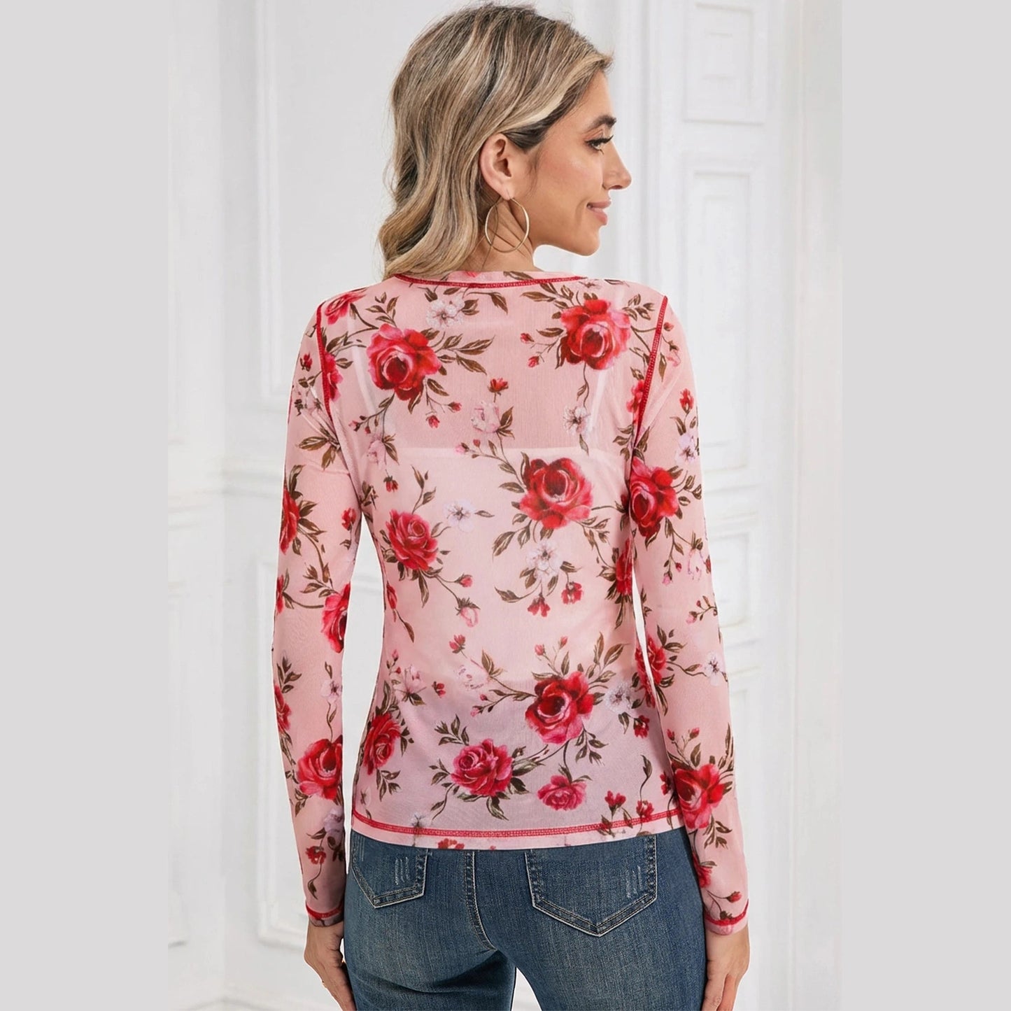 Jaylah Pink Floral Print Exposed Seam Detail Mesh Long Sleeve Top