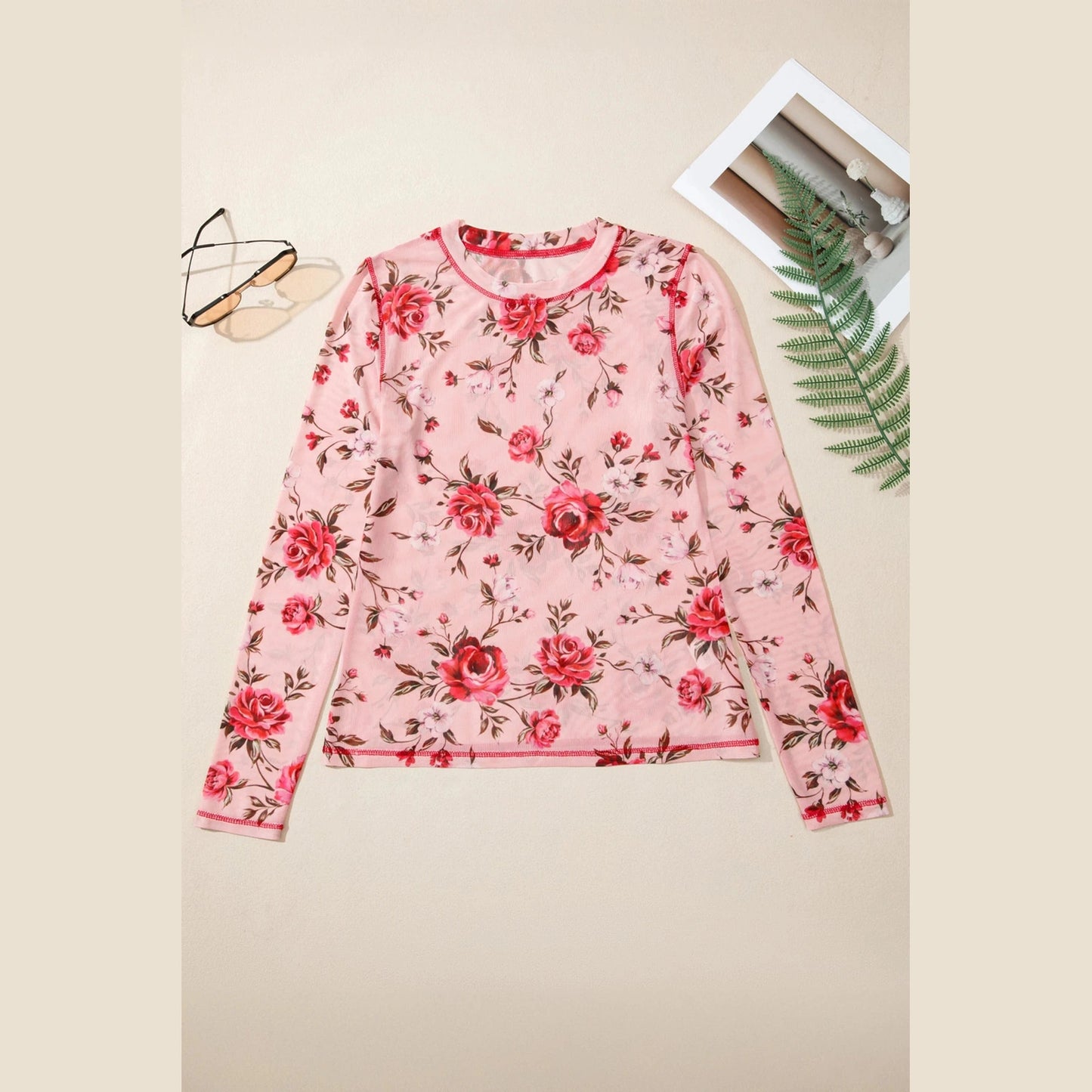 Jaylah Pink Floral Print Exposed Seam Detail Mesh Long Sleeve Top