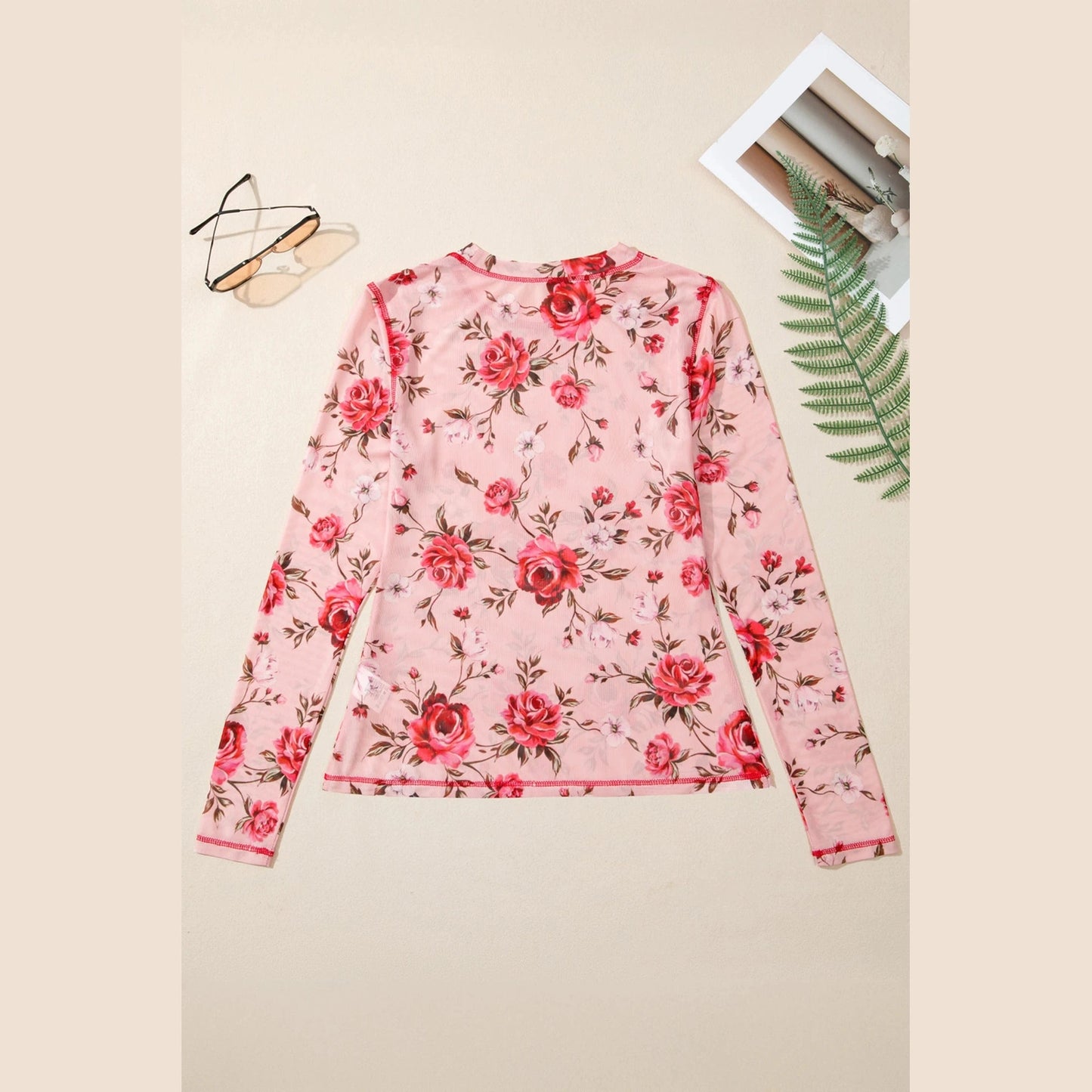 Jaylah Pink Floral Print Exposed Seam Detail Mesh Long Sleeve Top