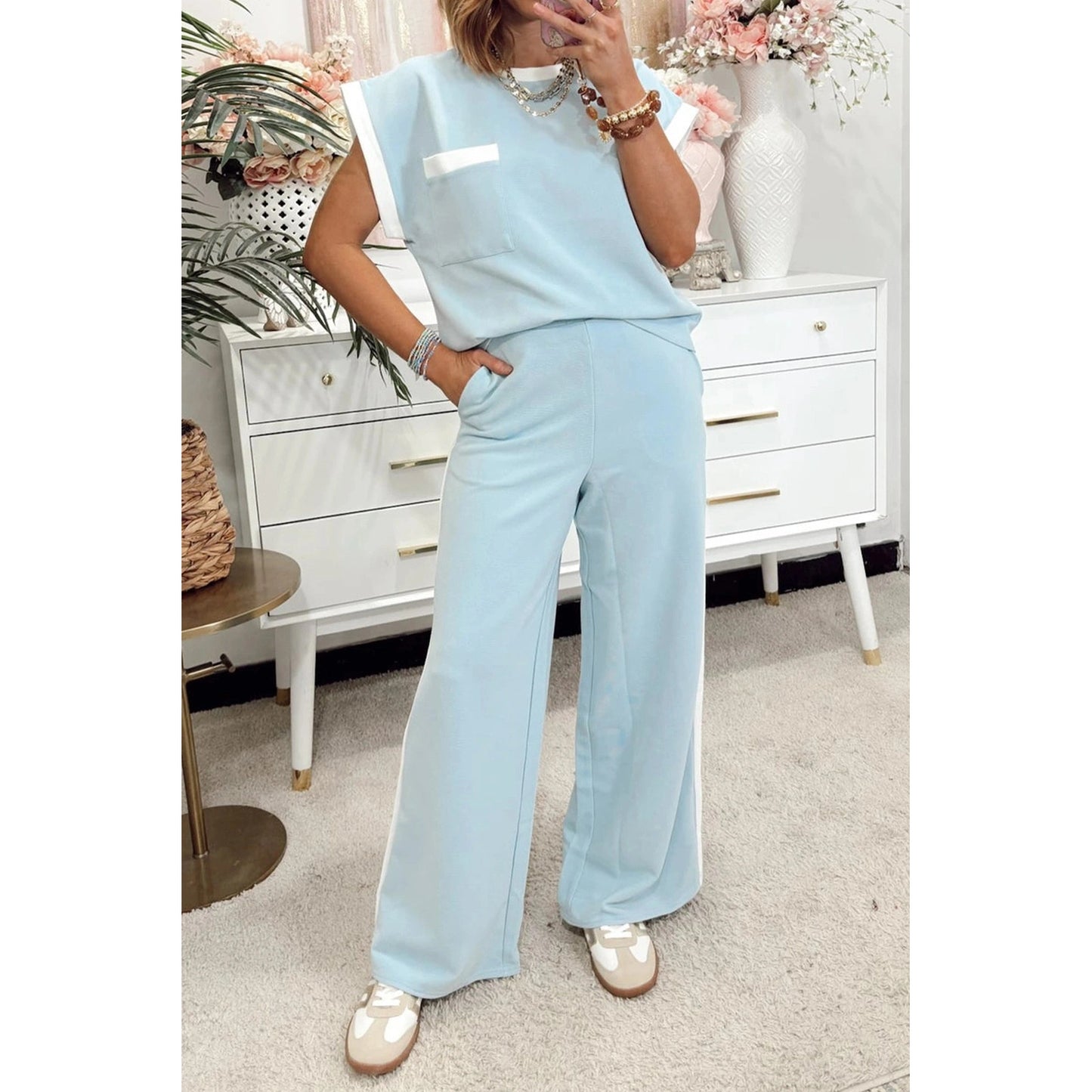 Jennah Mist Blue Contrast Trim Round Neck Pocketed Boxy Tank Top Wide Leg Pant Set