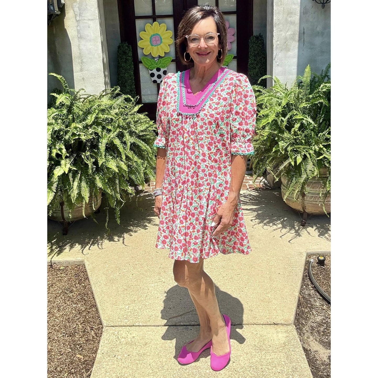 SALE!!!  Jabez Pink Floral Print V Neck Patchwork Short Bubble Sleeve Mini Dress