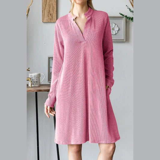 Jacey Pink V-Neck Long Sleeve Ribbed Dress