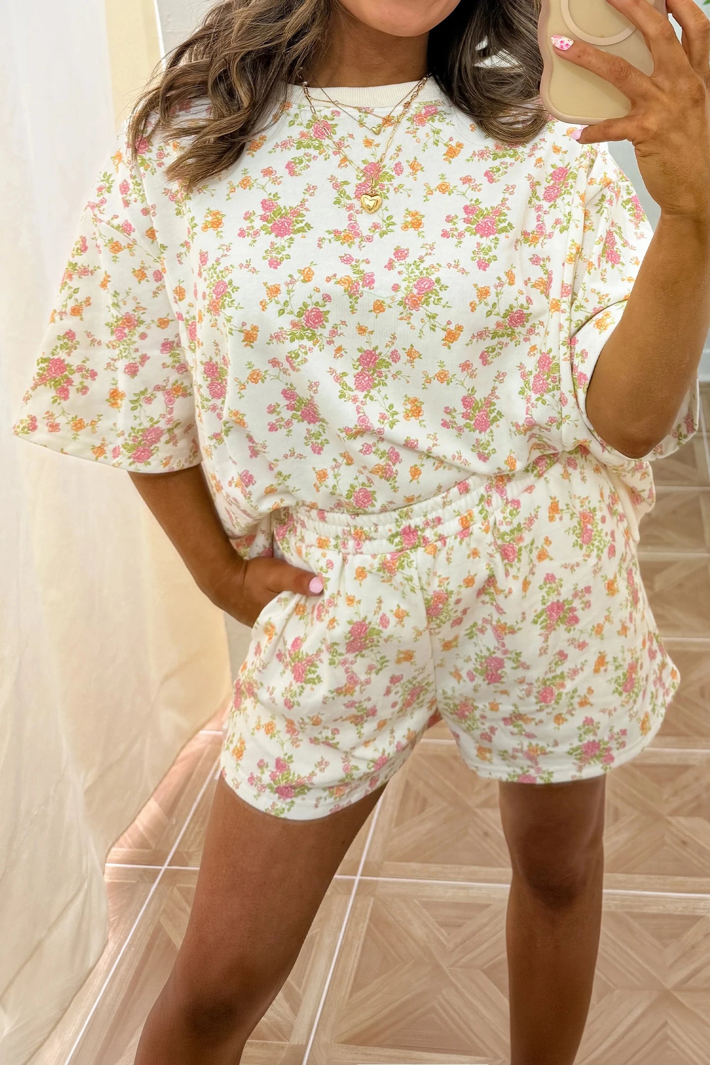 Jacky Pink Floral Print Short Sleeve Elastic Waist Pocket Two Piece Set