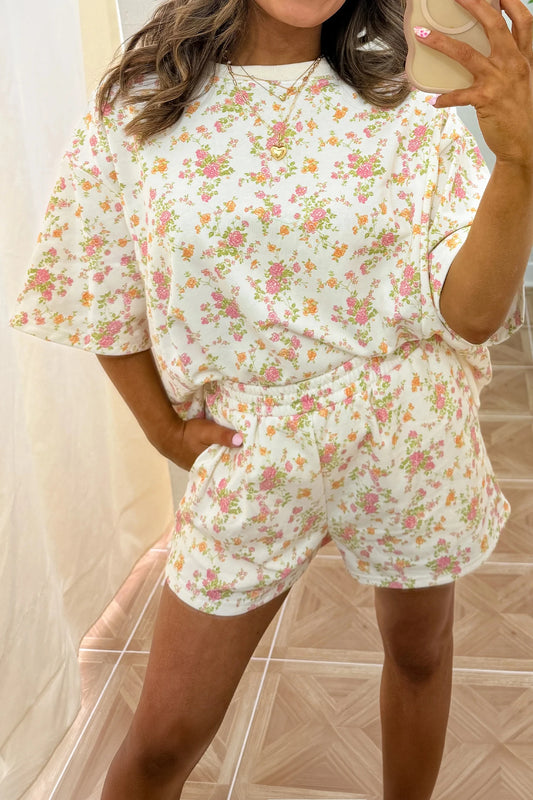 Jacky Pink Floral Print Short Sleeve Elastic Waist Pocket Two Piece Set