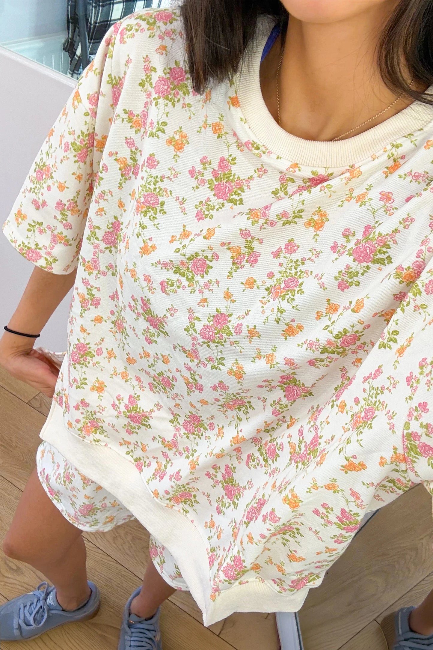 Jacky Pink Floral Print Short Sleeve Elastic Waist Pocket Two Piece Set