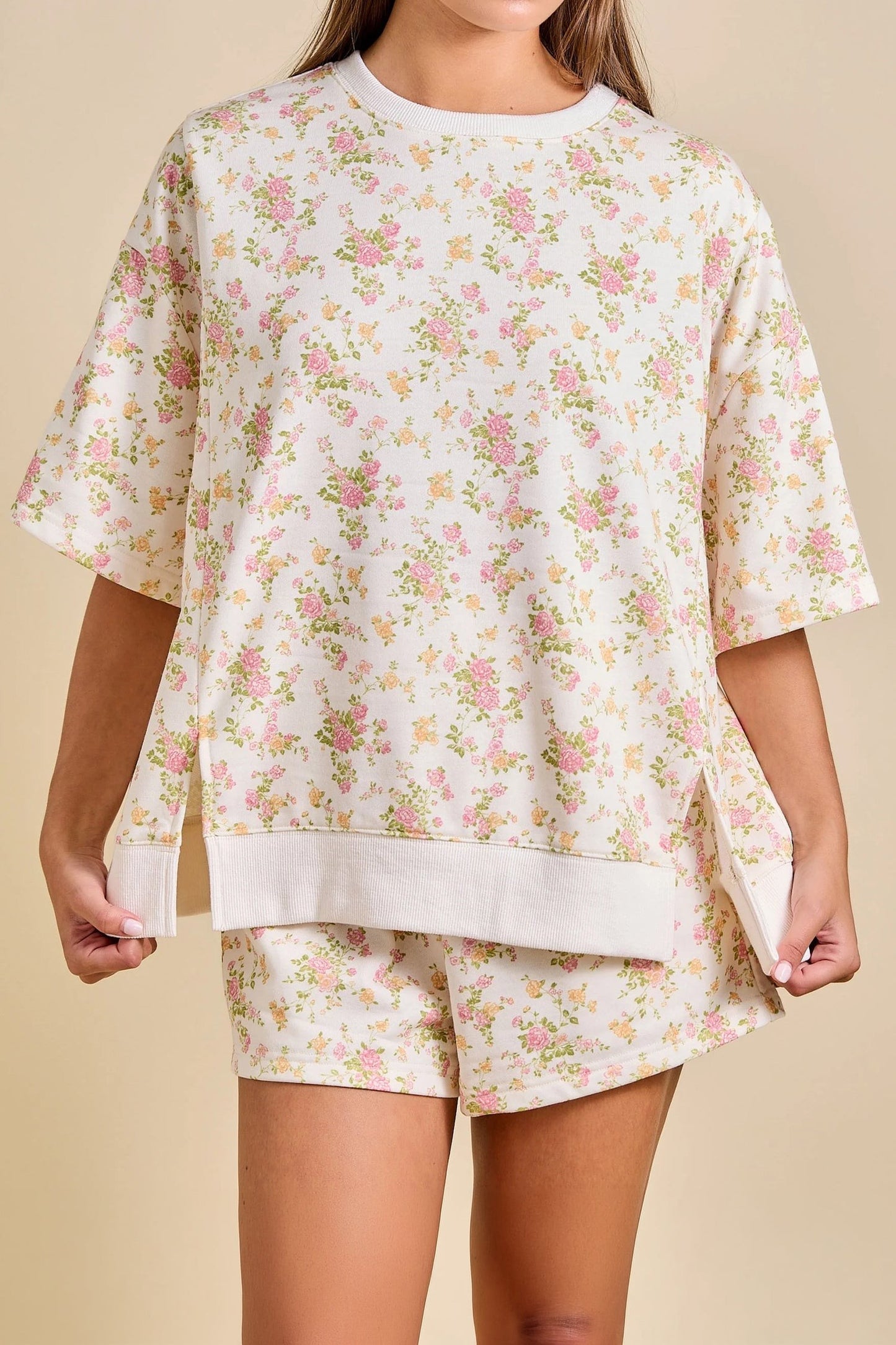 Jacky Pink Floral Print Short Sleeve Elastic Waist Pocket Two Piece Set