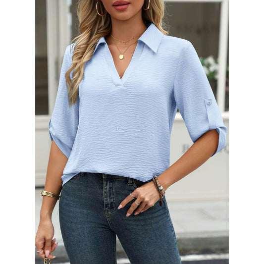 Jacqui Blue Textured V‑Neck Tab Sleeve Top
