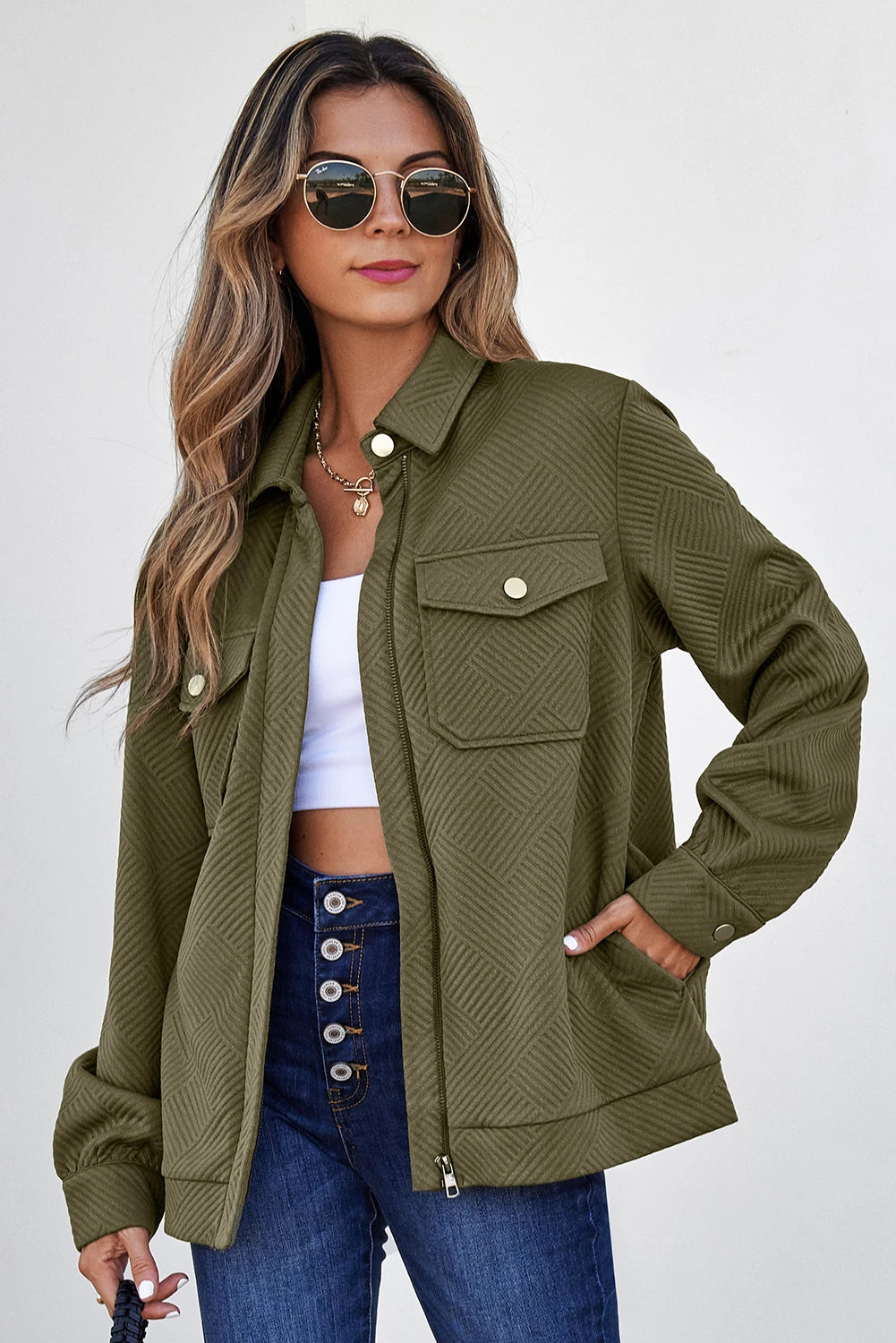 Jacqueline Green Zip Up Button Flap Pocket Shirt Collar Jackets