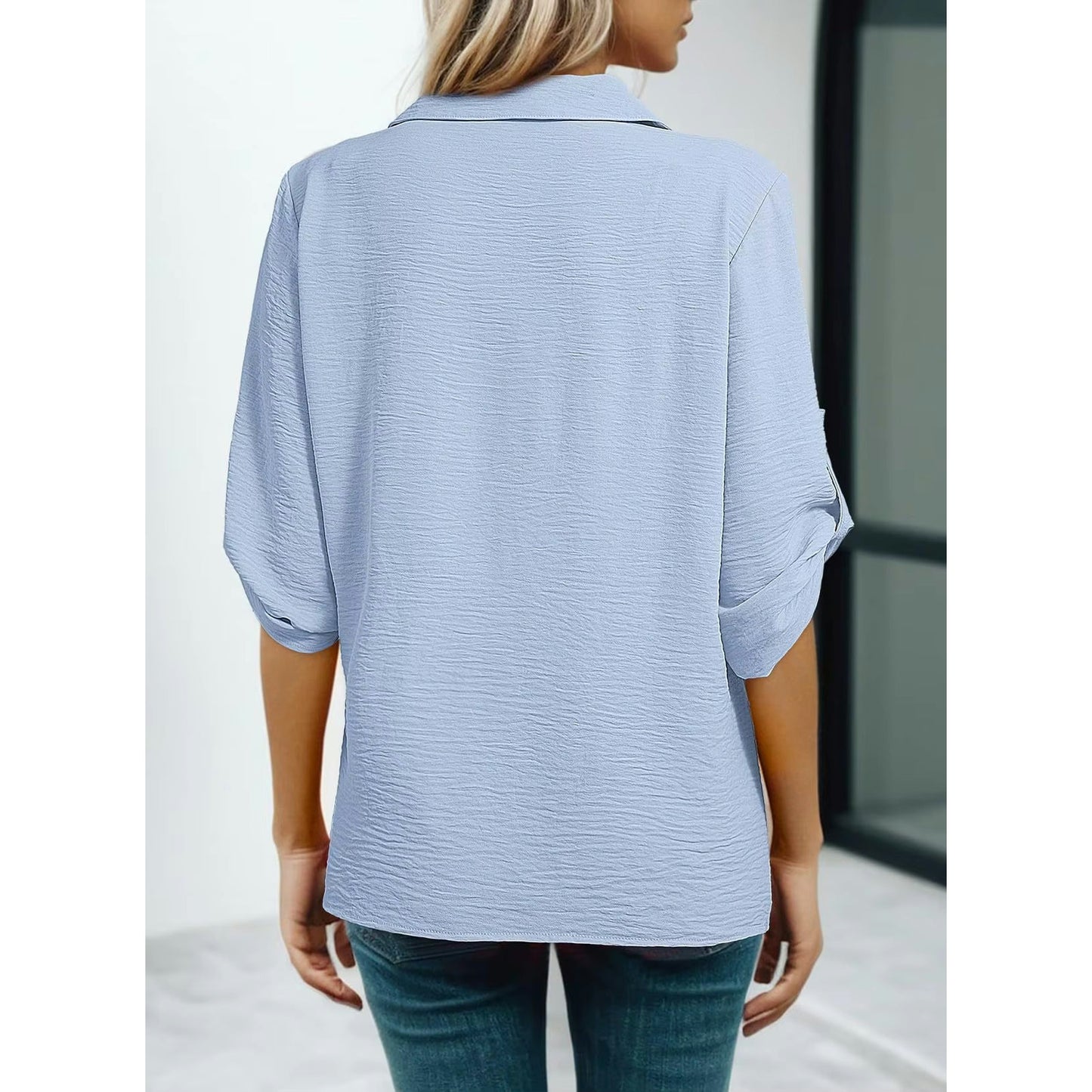 Jacqui Blue Textured V‑Neck Tab Sleeve Top