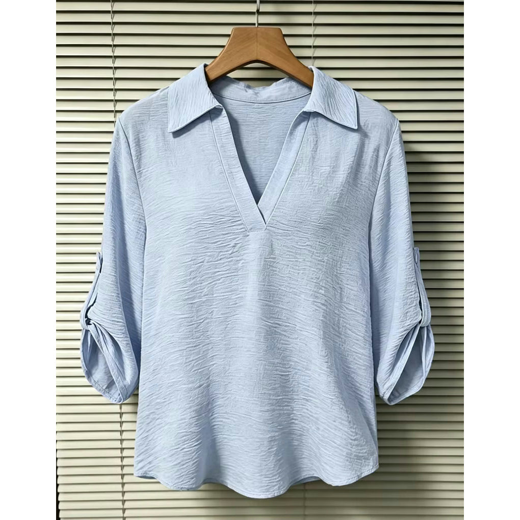 Jacqui Blue Textured V‑Neck Tab Sleeve Top