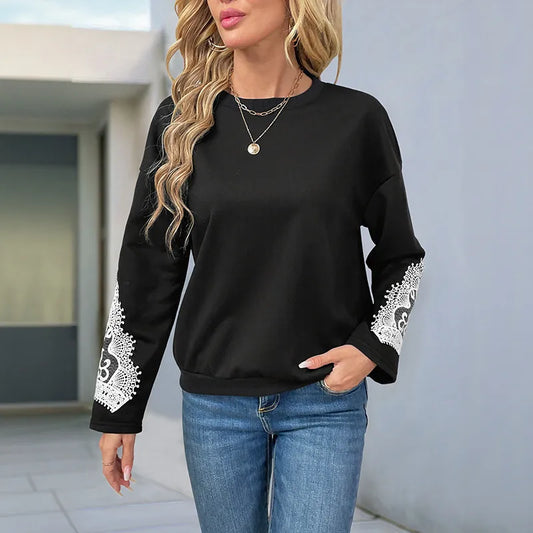 Jade Black Lace Patchwork Long Sleeve Sweatshirt