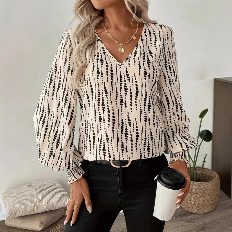 Jaime Shirred Lantern Sleeve V Neck Blouse