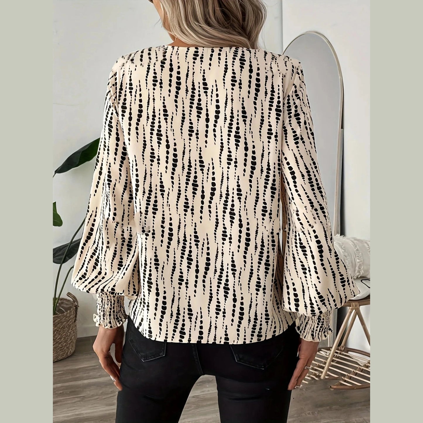 Jaime Shirred Lantern Sleeve V Neck Blouse