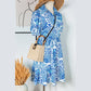 Jamaya Sky Blue Retro Floral Print Drawstring Waist Ruffled Mini Dress